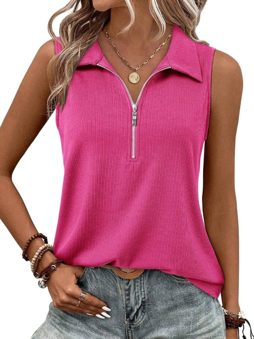 Chic Women's Ribbed Zipper V-Neck Tank Top - Dressy Casual Sleeveless Camisole